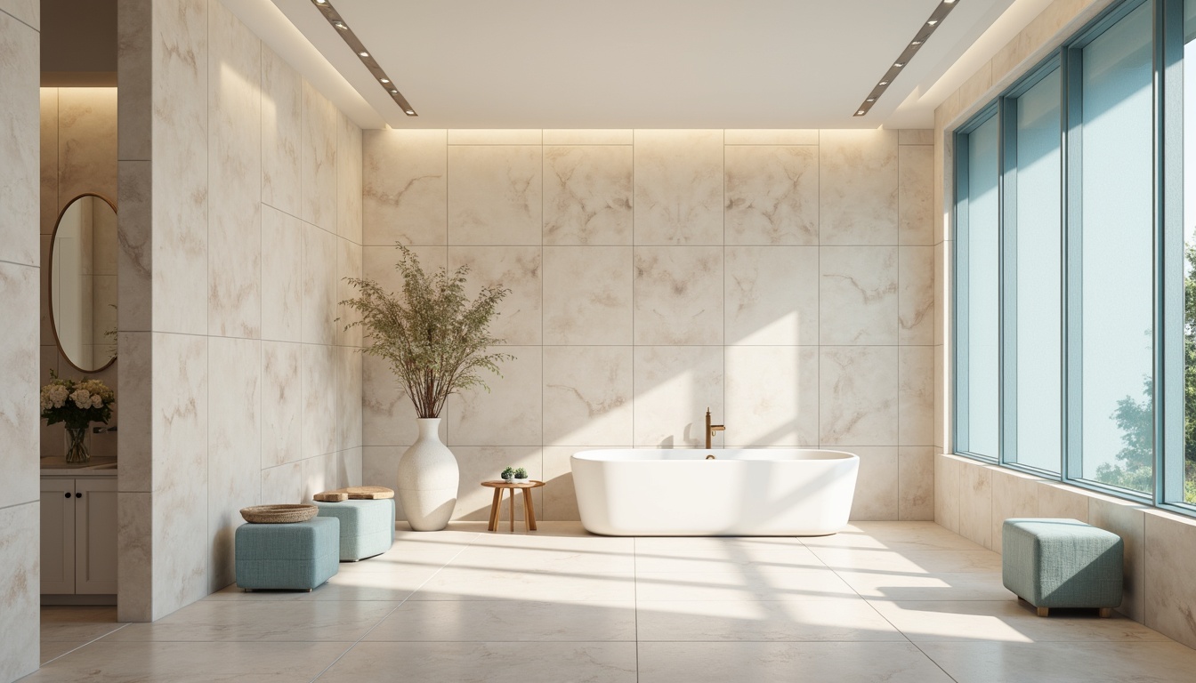 Prompt: Calming bathroom ambiance, soft pastel hues, creamy whites, warm beige tones, natural stone textures, elegant marble patterns, serene blue accents, spa-inspired atmosphere, gentle lighting, shallow depth of field, 1/1 composition, realistic reflections, ambient occlusion.