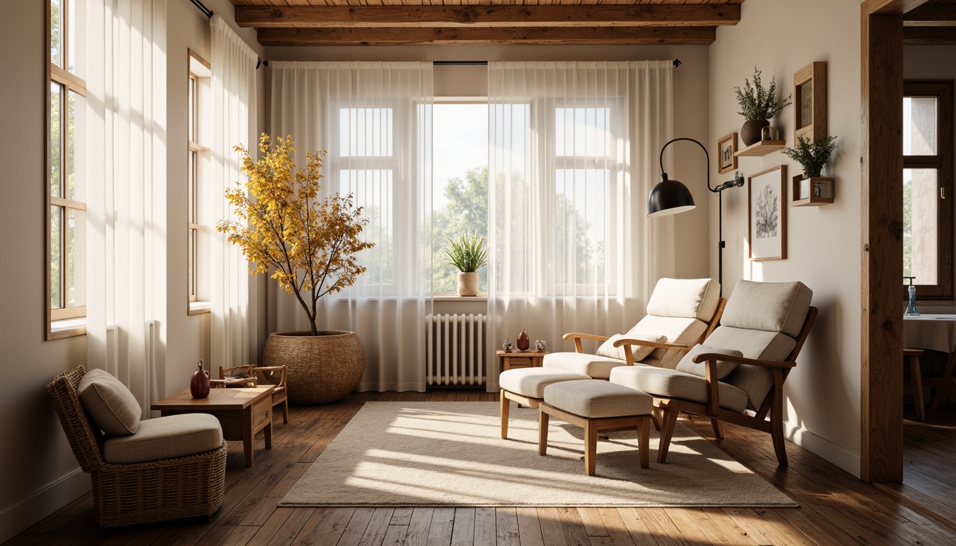 Prompt: Cozy Scandinavian interior, soft warm glow, natural light pouring in, sheer white curtains, minimalist lamp fixtures, wooden floorboards, rustic textures, woven baskets, vintage decorative items, monochromatic color scheme, calming atmosphere, ambient indirect lighting, 1/1 composition, shallow depth of field, realistic materials, subtle shadows.