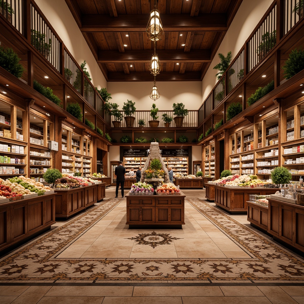 Prompt: Renaissance-inspired grocery store interior, warm earthy tones, ornate wooden accents, richly polished marble floors, intricate mosaic patterns, decorative stone inlays, rustic brick walls, high ceilings with ornate molding, grand chandeliers, soft warm lighting, 1/2 composition, shallow depth of field, realistic textures, ambient occlusion.