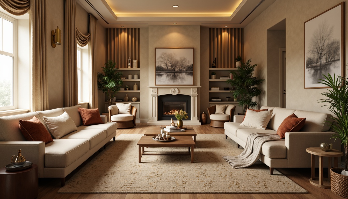 Prompt: Cozy living room, plush throw pillows, soft velvet sofas, natural fiber rugs, warm beige walls, elegant drapery, golden lighting fixtures, comfortable seating areas, textured blankets, inviting atmosphere, relaxed vibe, calm color palette, soothing ambiance, 1/1 composition, shallow depth of field, realistic textures, ambient occlusion.