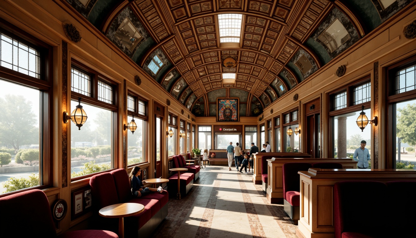 Prompt: Ornate bus station, sinuous lines, flowing curves, organic forms, stained glass windows, wrought iron details, ornamental lamps, intricate mosaics, luxurious textiles, velvet upholstery, carved wooden panels, polished metal accents, subtle color palette, soft warm lighting, shallow depth of field, 1/1 composition, symmetrical arrangement, realistic reflections, ambient occlusion.