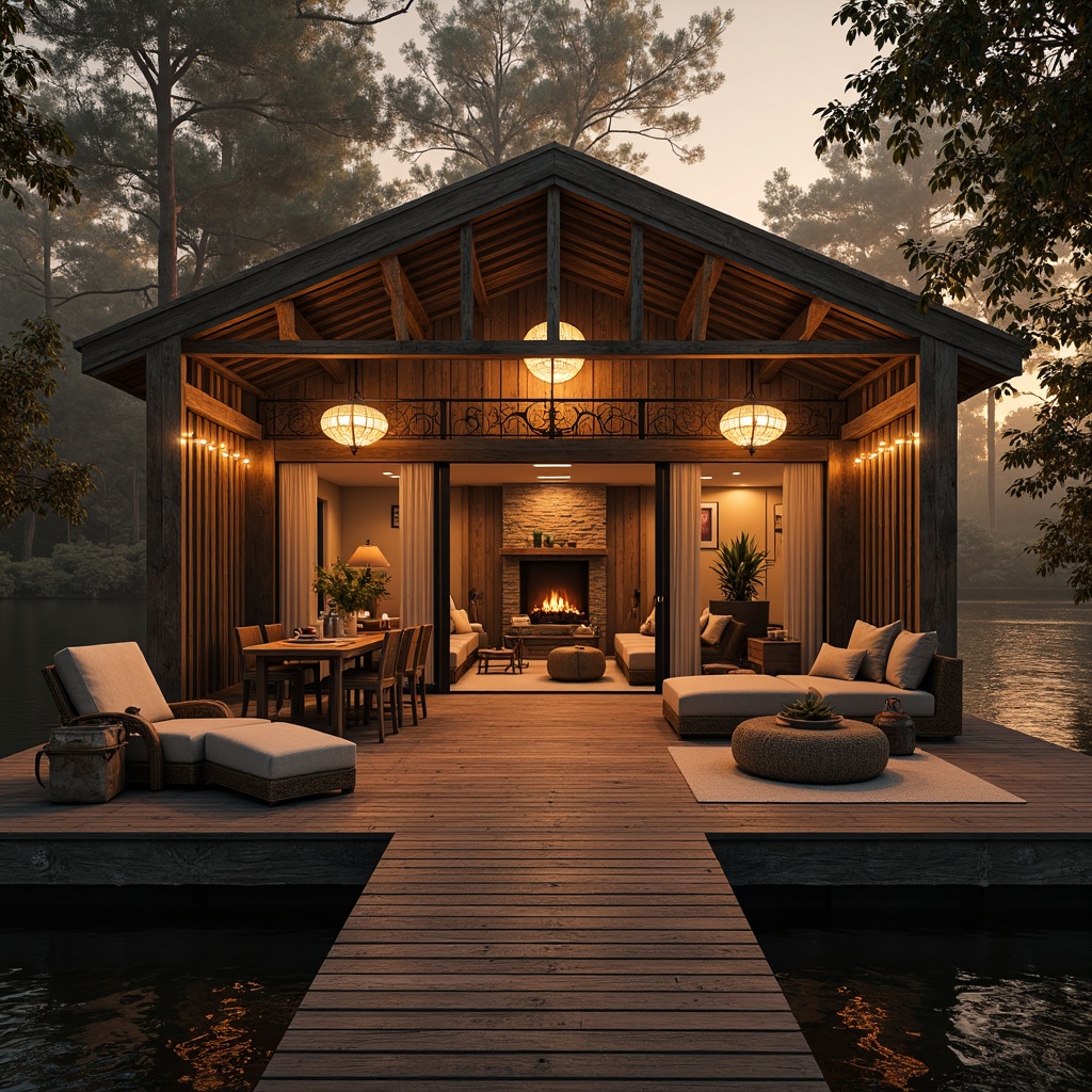 Prompt: Rustic boathouse, wooden dock, serene lake, warm sunset, soft golden lighting, subtle mist, twinkling string lights, lantern-style pendant lamps, nautical-themed decor, distressed wood textures, cozy interior spaces, plush furnishings, stone fireplaces, floor-to-ceiling windows, sliding glass doors, natural materials, earthy color palette, warm ambiance, 1/1 composition, realistic reflections, soft focus.