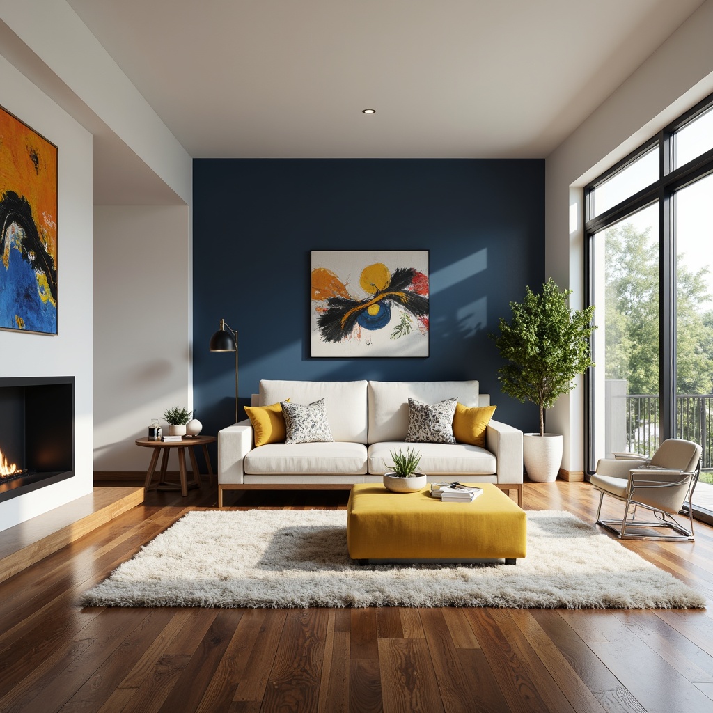 Prompt: Contemporary living room, sleek low-profile sofa, abstract art pieces, polished chrome accents, rich walnut wood flooring, creamy white walls, bold navy blue statement wall, vibrant yellow ottoman, plush area rug, minimalist coffee table, floor-to-ceiling windows, natural daylight, soft warm glow, 1/1 composition, shallow depth of field, realistic textures, ambient occlusion.