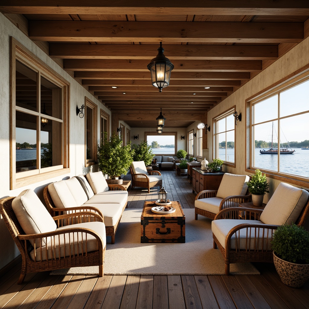 Prompt: Rustic boathouse, distressed wood accents, vintage nautical decor, plush sofas, velvet armchairs, woven wicker furniture, natural linen upholstery, soft pastel hues, antique wooden chests, ornate metal lanterns, potted greenery, waterfront views, sunny afternoon, warm golden lighting, shallow depth of field, 1/2 composition, intimate atmosphere, realistic textures, ambient occlusion.