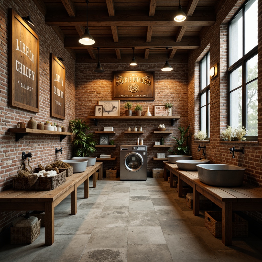 Prompt: Rustic laundry room, exposed brick walls, distressed wood accents, vintage metal signs, worn concrete floors, industrial-style lighting fixtures, metal washbasins, wooden crates, woven baskets, natural fiber textiles, earthy color palette, warm soft lighting, shallow depth of field, 1/2 composition, realistic textures, ambient occlusion.