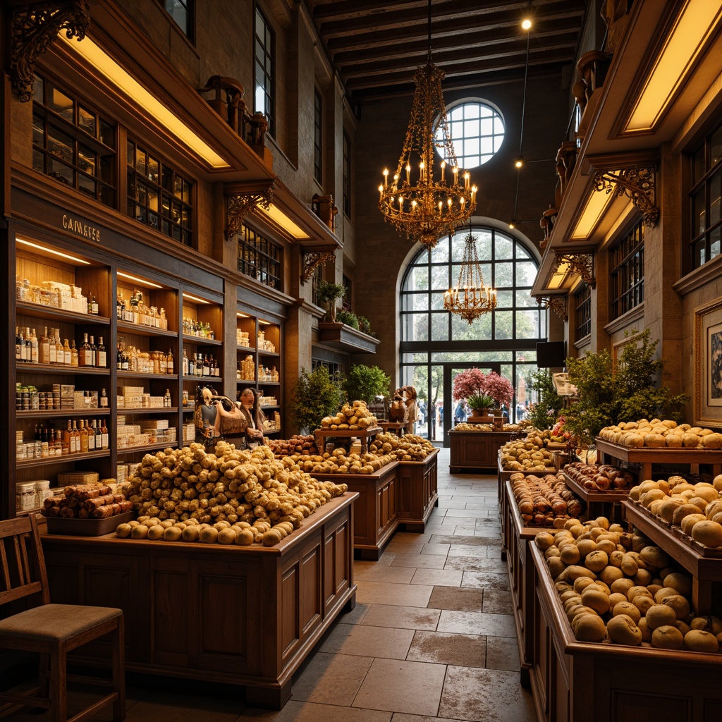 Prompt: Elegant Renaissance-style grocery store, ornate chandeliers, intricately carved wooden fixtures, warm golden lighting, vintage metal lanterns, distressed finishes, rustic wooden shelves, earthy tone stone walls, arched windows, grand high ceilings, luxurious fabrics, rich wood accents, classical architectural details, dramatic spotlights, soft warm glow, shallow depth of field, 1/2 composition, realistic textures, ambient occlusion.