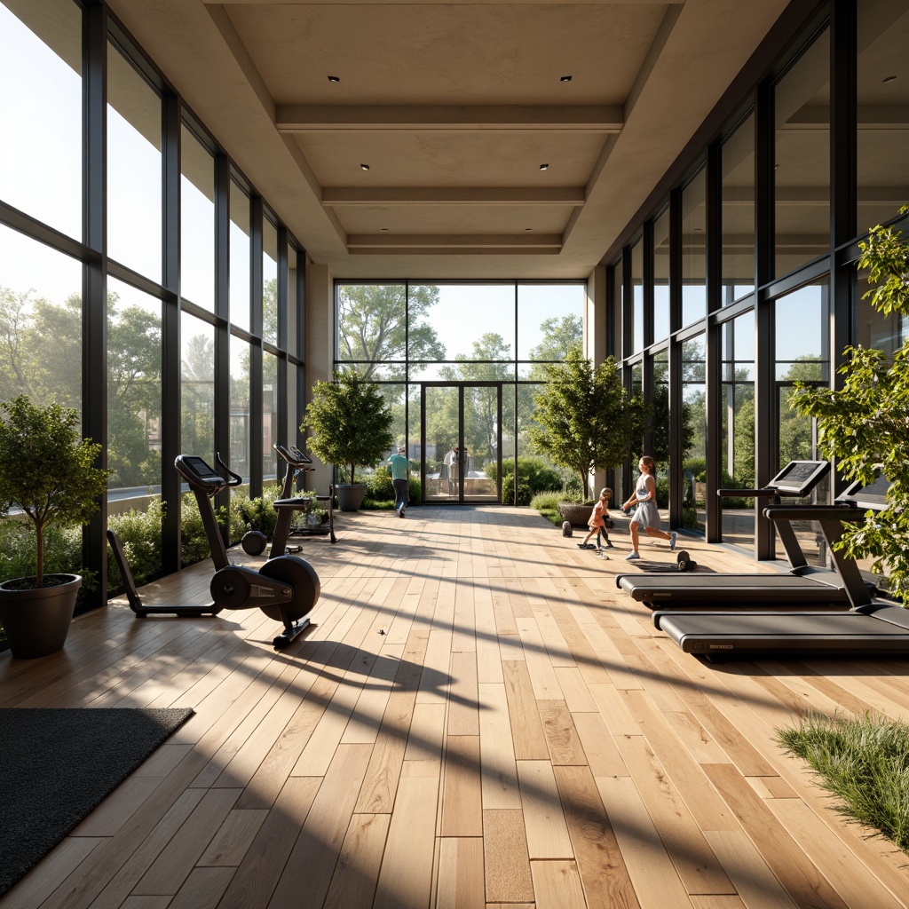 Prompt: Well-lit home gym, large windows, transparent glass doors, mirrored walls, polished wooden floors, modern fitness equipment, free weights, treadmills, exercise bikes, yoga mats, natural stone accents, greenery, potted plants, sunny day, soft warm lighting, shallow depth of field, 3/4 composition, panoramic view, realistic textures, ambient occlusion.