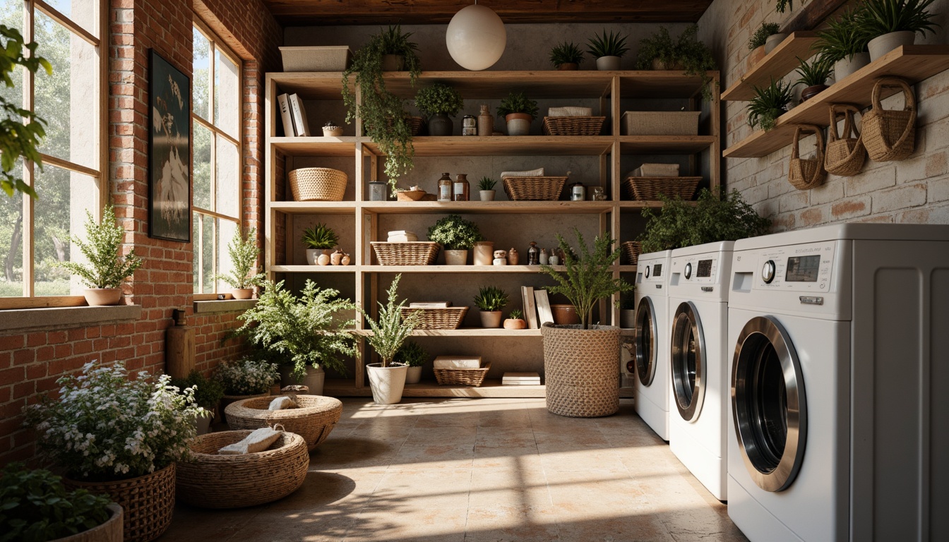 Prompt: Vintage laundry room, distressed wooden shelves, worn brick walls, rusty metal accents, soft warm lighting, creamy whites, faded blues, muted reds, earthy browns, linen textures, natural fabrics, antique washing machines, woven baskets, potted plants, floral patterns, lace curtains, delicate trims, ornate ironwork, warm afternoon light, shallow depth of field, 1/2 composition, realistic materials, ambient occlusion.