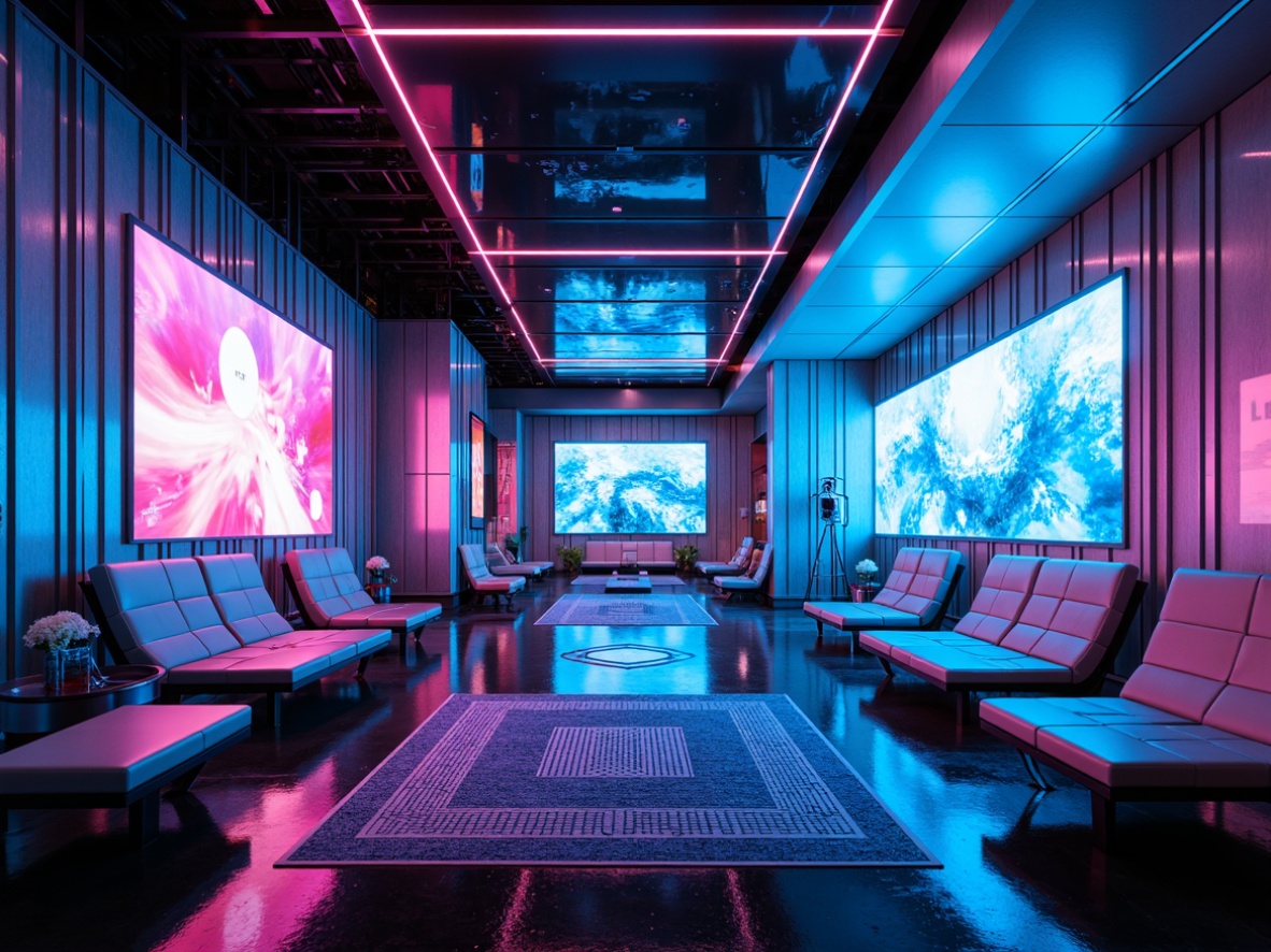 Prompt: Futuristic interior space, neon-lit ambiance, metallic silver walls, glossy black floors, iridescent blue accents, holographic displays, LED light installations, sleek minimalist furniture, chrome-plated decorations, geometric patterned rugs, ambient futuristic soundscape, 3D-projection mapping, cyberpunk-inspired color scheme, bold vibrant hues, luminescent ceilings, high-tech gadgets, sci-fi elements, space-age aesthetic, avant-garde art pieces, abstract futuristic sculptures.