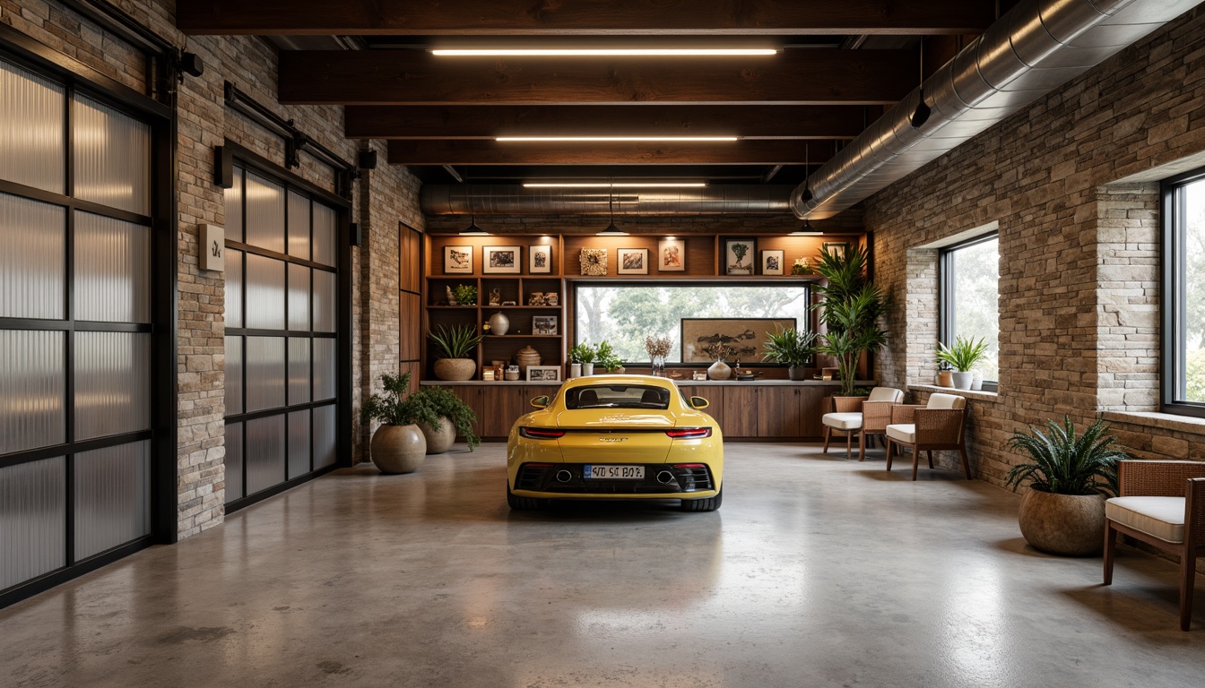 Prompt: Rustic garage, industrial metal doors, wooden accents, earthy tones, concrete floors, epoxy coatings, modern LED lighting, sleek steel beams, exposed ductwork, functional shelving, organized tool storage, cozy reading nooks, natural stone walls, vintage car displays, warm ambient lighting, shallow depth of field, 1/1 composition, realistic textures, ambient occlusion.