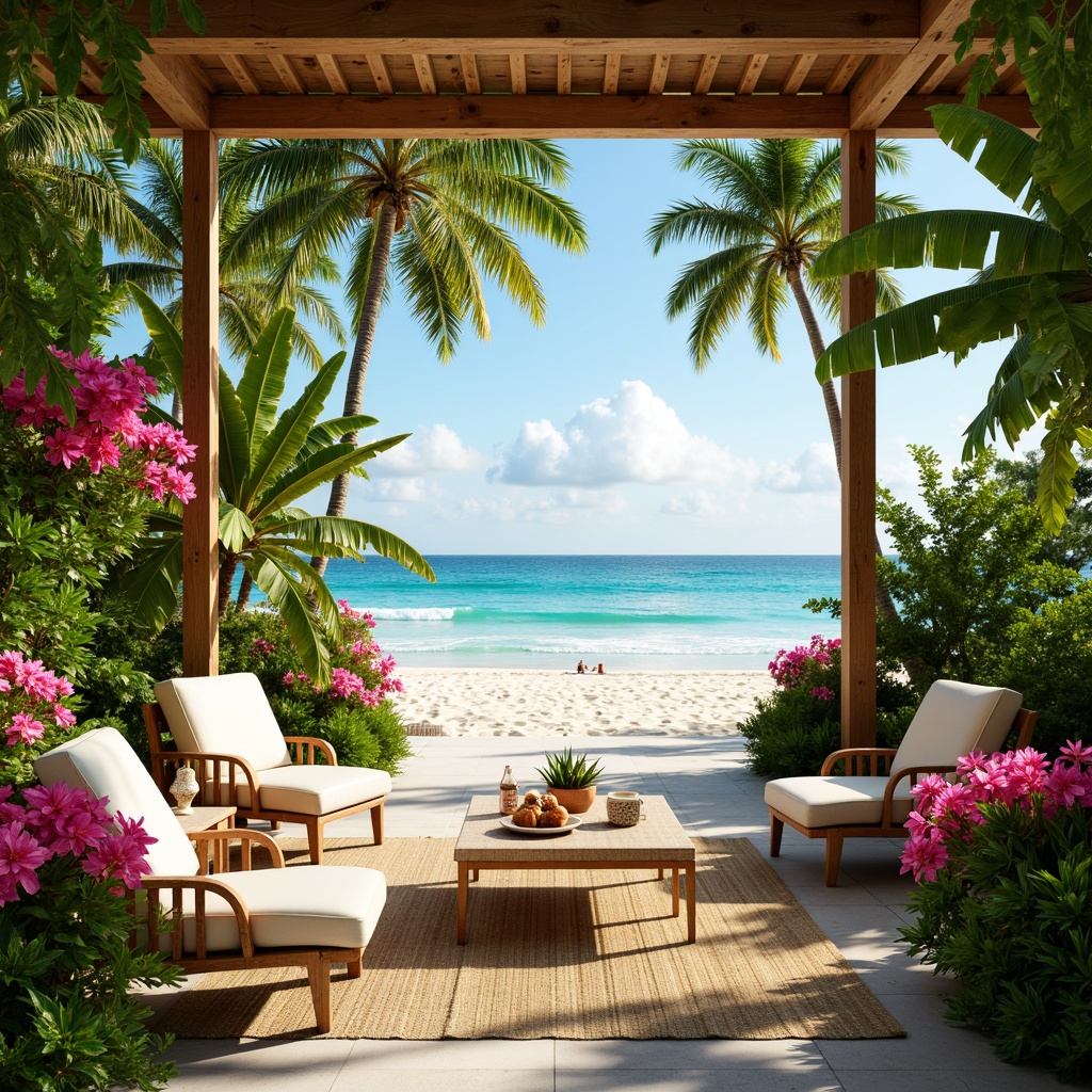 Prompt: Vibrant tropical flowers, lush green foliage, warm sandy beaches, turquoise ocean waves, exotic wooden accents, rattan furniture, natural fiber textiles, creamy whites, soft pastel hues, coral pinks, minty fresh greens, sunny yellow highlights, golden warm lighting, shallow depth of field, 1/1 composition, realistic textures, ambient occlusion.