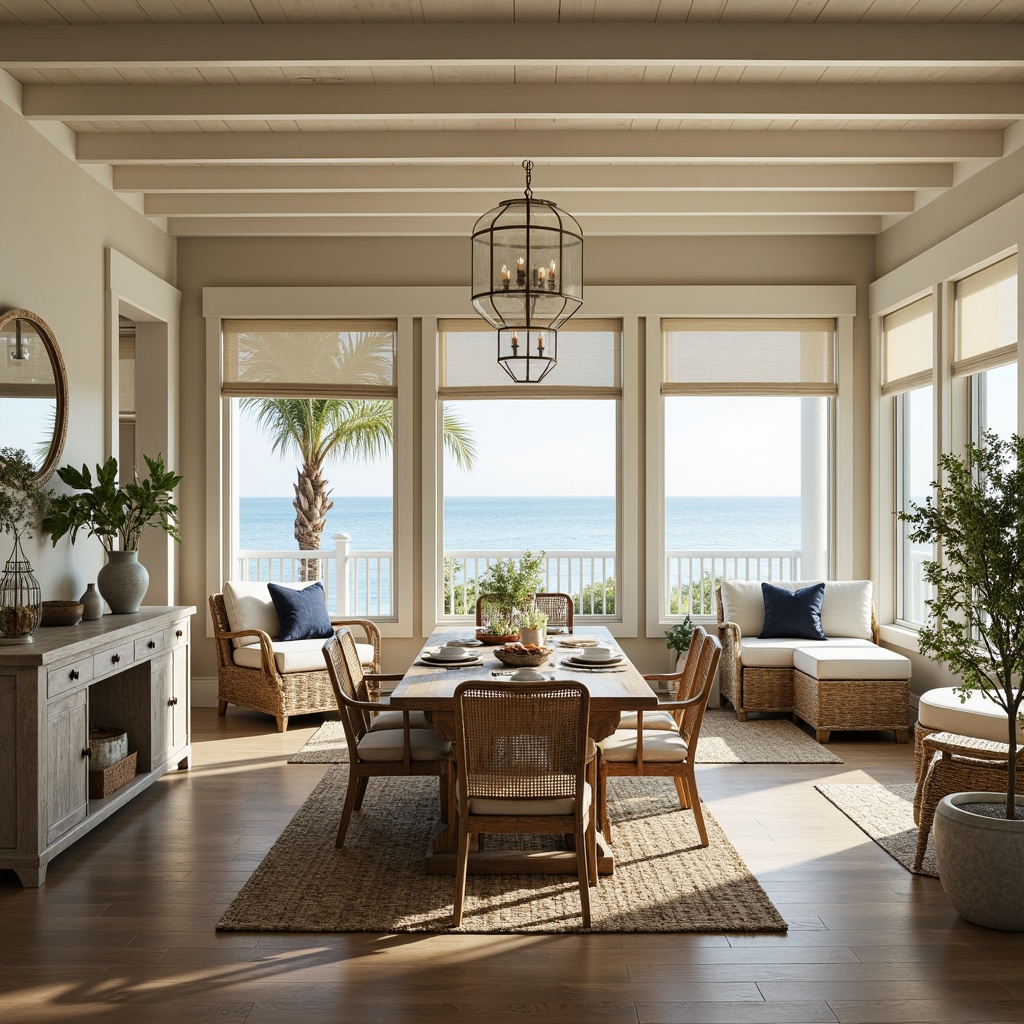 Prompt: Coastal style dining room, calming ocean views, soft sandy beige walls, driftwood gray furniture, seafoam green accents, crisp white linen, natural jute rugs, woven wicker chairs, nautical navy blue decorative pillows, distressed wood tables, vintage glass pendant lights, airy open spaces, beachy textures, warm golden lighting, 1/2 composition, intimate atmosphere, rustic charm.