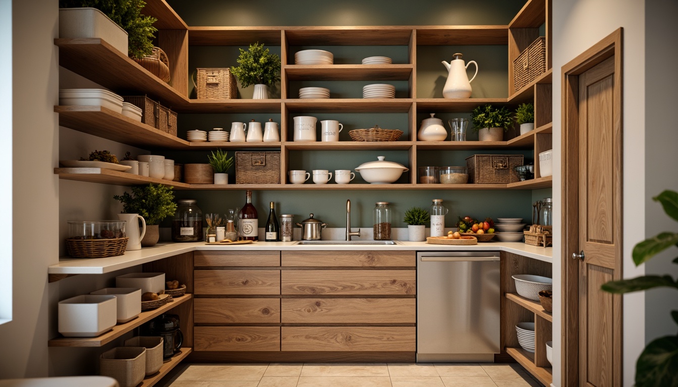 Prompt: Cozy pantry, compact shelving units, optimized storage bins, labeled containers, pull-out drawers, adjustable compartments, vertical stacking, minimalist decor, soft warm lighting, earthy color scheme, natural wood accents, ceramic jars, wicker baskets, spice racks, lazy susan turntables, 3/4 composition, shallow depth of field, realistic textures.