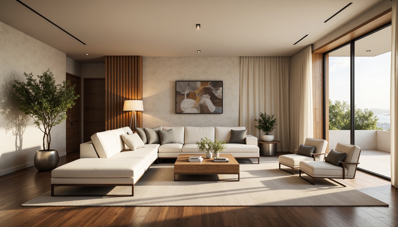 Prompt: Modern great room, neutral beige walls, rich walnut wood floors, creamy white sofas, charcoal grey accent chairs, metallic silver coffee tables, natural linen curtains, warm golden lighting, softbox shadows, 1/1 composition, realistic textures, ambient occlusion, minimalist decor, greenery accents, abstract artwork, floor-to-ceiling windows, sliding glass doors, cozy throw blankets, plush area rugs.Let me know if this meets your expectations!