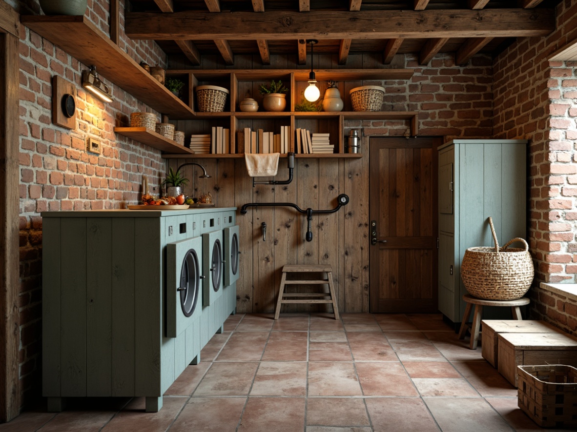 Prompt: Vintage laundry interior, distressed wood accents, rustic metal fixtures, worn brick walls, soft warm lighting, natural textiles, woven baskets, ceramic tiles, earthy color palette, cozy atmosphere, relaxed composition, shallow depth of field, 1/1 aspect ratio, realistic textures, ambient occlusion.