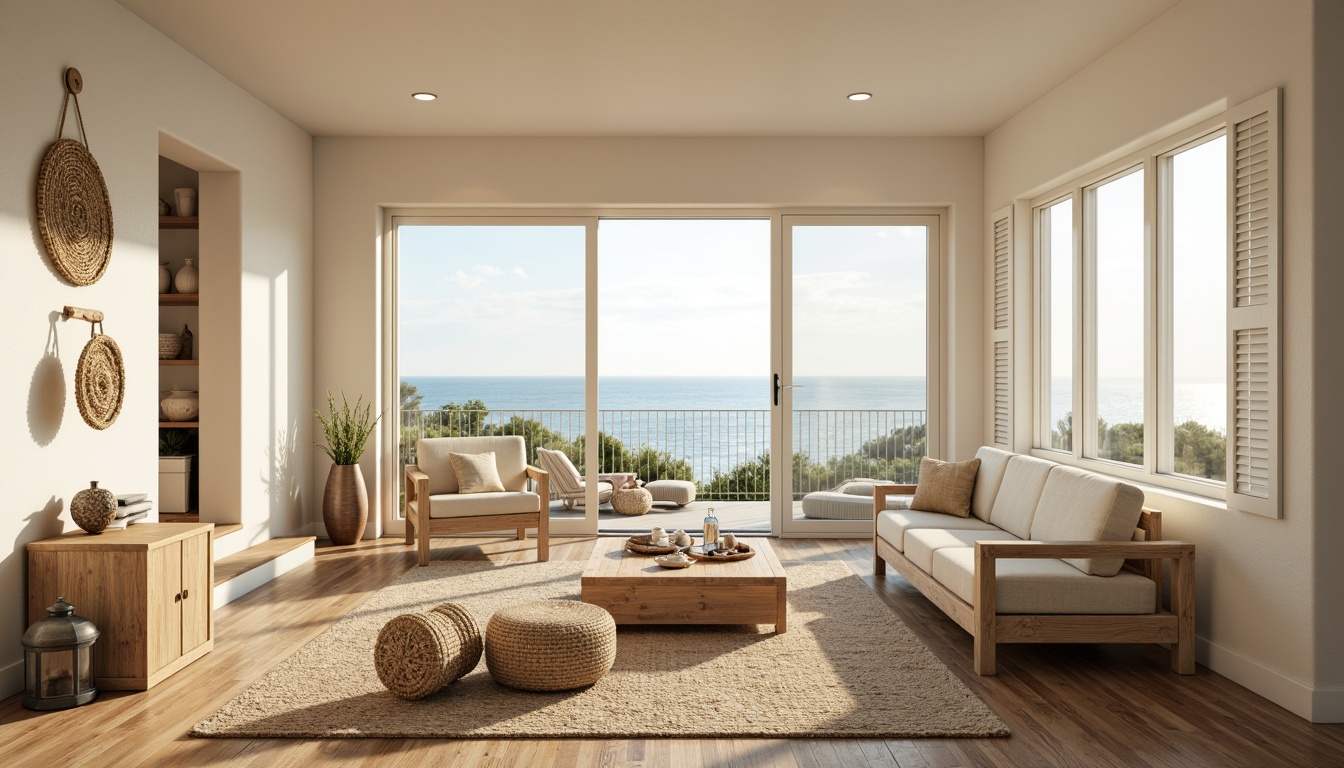 Prompt: Coastal living room, large windows, sliding glass doors, ocean views, natural light pouring in, soft warm glow, beachy vibe, calming atmosphere, creamy white walls, driftwood furniture, woven sea grass textiles, shells and pebbles decorative accents, minimalist decor, airy feel, high ceilings, white shutters, nautical ropes, lantern-style lighting, warm beige tones, weathered wood floors, serene ambiance, 3/4 composition, soft focus, warm color palette.