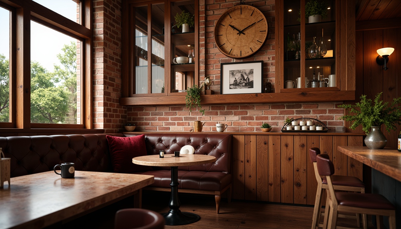 Prompt: Cozy breakfast nook, warm wooden tones, rustic brick walls, plush velvet pillows, rich leather upholstery, elegant marble countertops, ornate metal fixtures, vintage-inspired lighting, soft warm glow, subtle shadows, shallow depth of field, 2/3 composition, realistic textures, ambient occlusion.