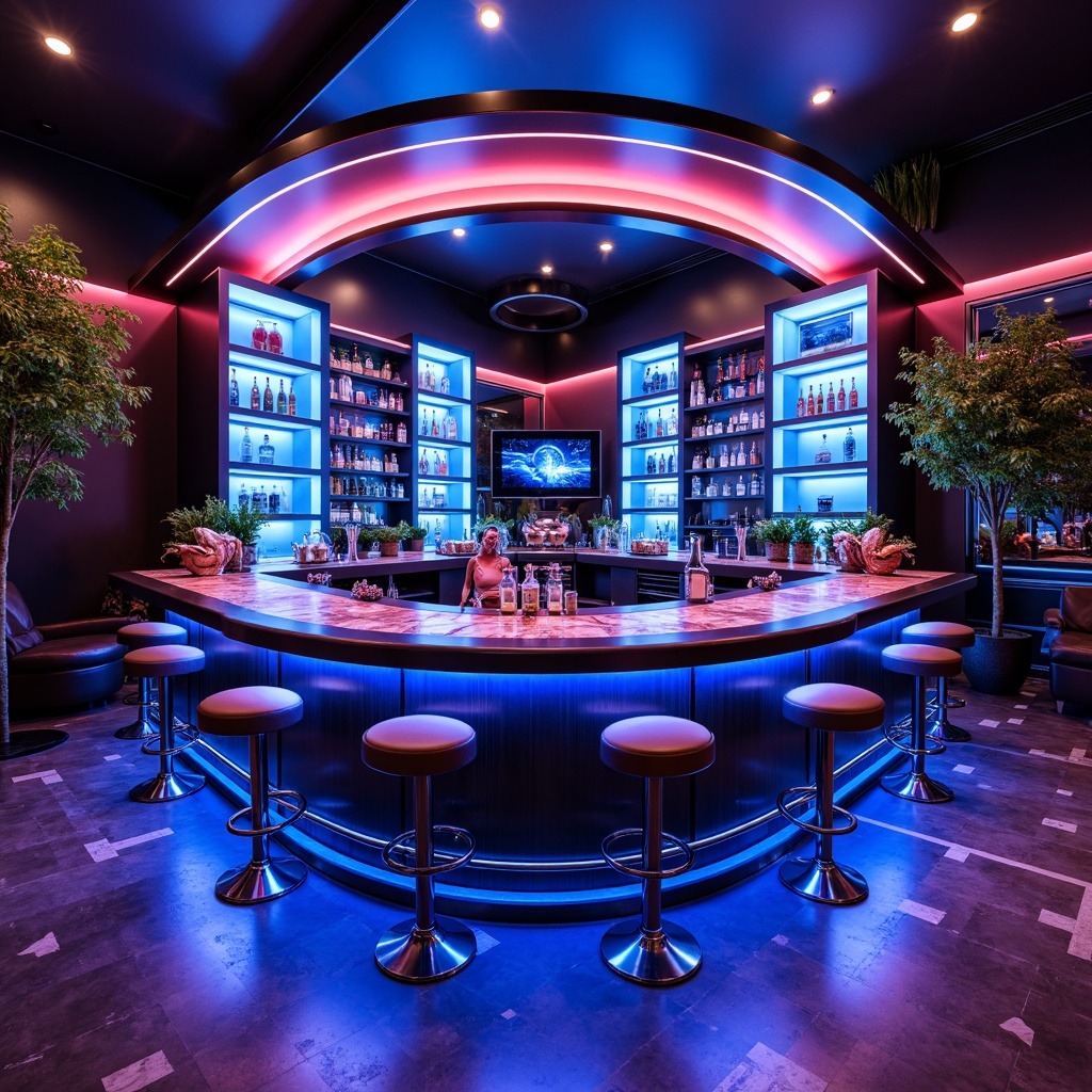 Prompt: Neon-lit home bar, futuristic metallic countertops, holographic displays, levitating stools, curved glass shelves, LED-lit liquor cabinets, minimalist chrome accents, geometric-patterned floor tiles, ambient blue lighting, 3D-printed decorative sculptures, sleek leather upholstery, high-gloss finishes, space-age-inspired cocktail tables, robotic bartender assistants, virtual reality entertainment systems, cyberpunk-themed wall art.