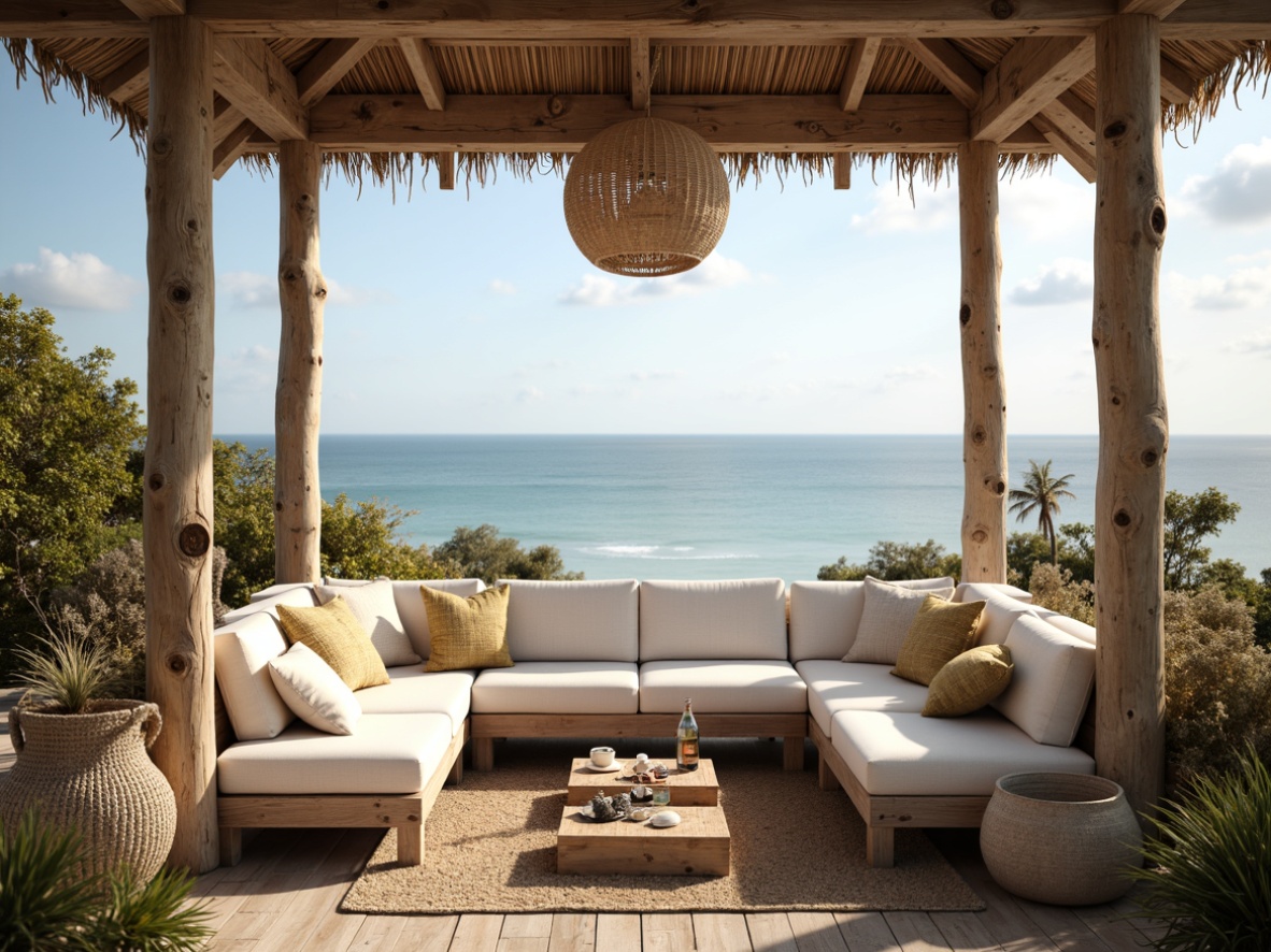 Prompt: Cozy coastal nook, plush cushions, natural woven fibers, driftwood accents, calming ocean views, soft sandy tones, weathered wooden benches, nautical ropes, subtle shells decorations, sea salt air, warm sunlight, shallow depth of field, 1/1 composition, relaxed atmosphere, ambient lighting, realistic textures.