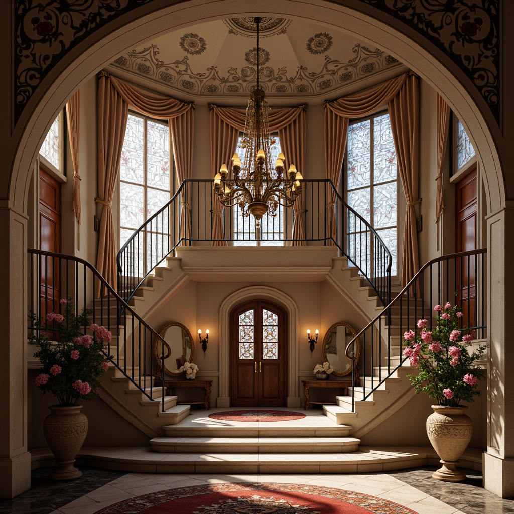 Prompt: Grandiose entrance halls, ornate staircases, sweeping archways, sinuous lines, flowing curves, organic forms, luxurious materials, velvet drapes, intricately patterned rugs, stained glass windows, blooming floral motifs, lavish chandeliers, soft warm lighting, 1/1 composition, shallow depth of field, realistic textures, ambient occlusion.