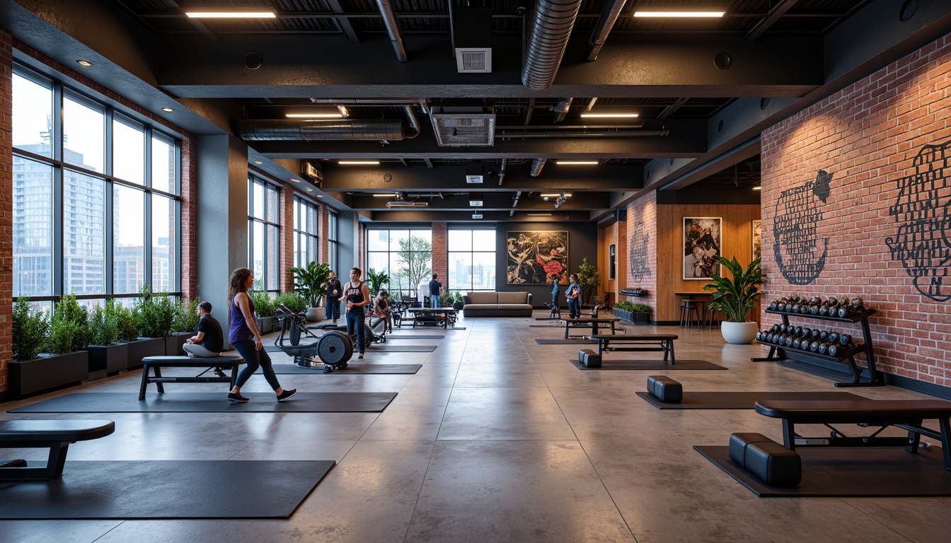 Prompt: Modern fitness center, industrial-chic interior, exposed brick walls, polished concrete floors, rustic wooden accents, metal beams, neon color scheme, dynamic lighting, textured surfaces, 3D geometric patterns, abstract wall murals, motivational quotes, state-of-the-art equipment, free weights area, cardio machines zone, yoga mats, mirrored walls, floor-to-ceiling windows, natural daylight, urban cityscape views, shallow depth of field, 1/2 composition, softbox lighting, high-contrast textures.