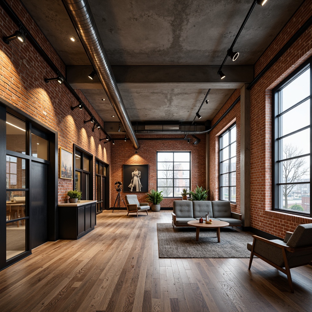 Prompt: Industrial warehouse, exposed brick walls, metal accents, polished steel beams, reclaimed wood floors, minimalist decor, functional lighting fixtures, urban loft atmosphere, raw concrete ceilings, industrial-style furniture, metallic color palette, warm ambient lighting, shallow depth of field, 1/1 composition, realistic textures, ambient occlusion.