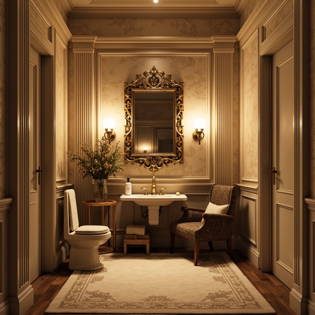 Prompt: \Intimate powder room, rich wood paneling, ornate mirrors, delicate moldings, soft cream colors, warm golden lighting, subtle textures, elegant furnishings, classic academic style, refined details, sophisticated ambiance, luxurious fabrics, plush velvet drapes, ornamental wallpaper, stately columns, refined accessories, warm beige tones, inviting atmosphere, shallow depth of field, 1/2 composition, realistic rendering.\Let me know if this meets your requirements or if you need any adjustments!