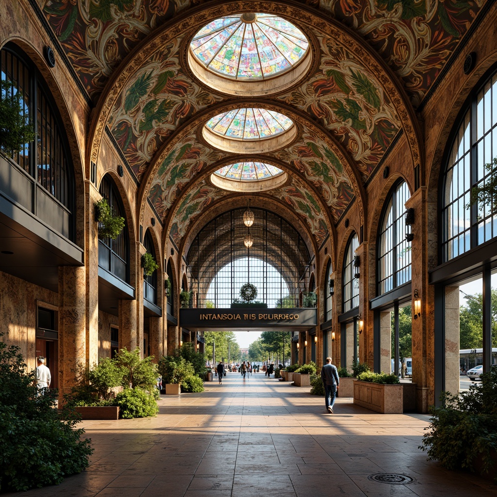 Prompt: Intricate ornate bus station, flowing curvilinear lines, organic forms, floral patterns, stained glass ceilings, mosaic walls, wrought iron details, grand entrance arches, ornamental railings, lush greenery, vibrant flower arrangements, natural stone flooring, Art Nouveau typography, elegant chandeliers, soft warm lighting, shallow depth of field, 1/2 composition, realistic textures, ambient occlusion.