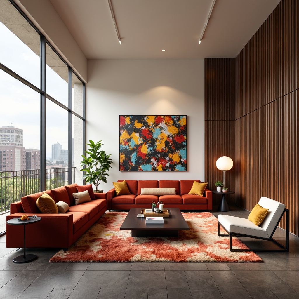 Prompt: Luxurious velvet sofas, rich walnut wood accents, modern minimalist coffee tables, sleek metal floor lamps, plush area rugs, vibrant abstract artwork, neutral beige walls, large windows with cityscape views, soft warm lighting, 3/4 composition, panoramic view, realistic textures, ambient occlusion.