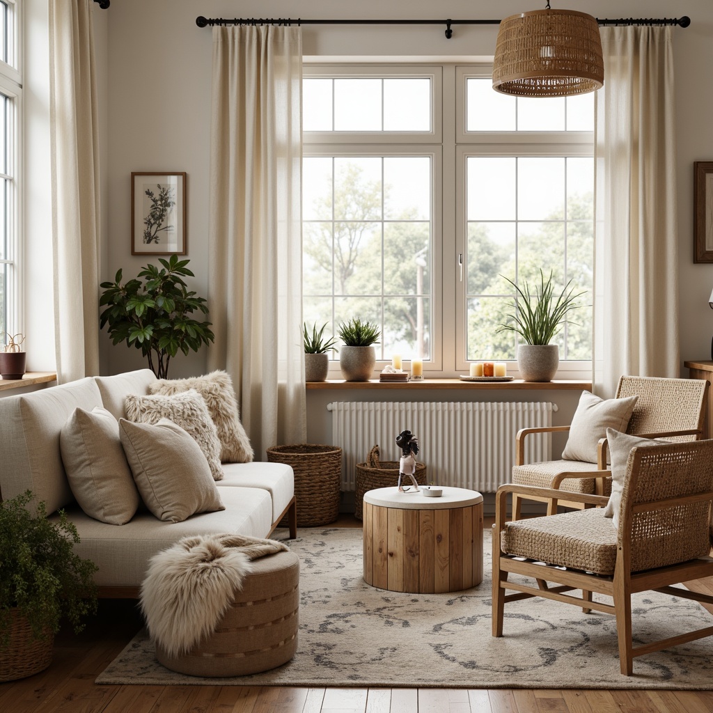 Prompt: Cozy Scandinavian living room, plush woolen textiles, natural wood accents, woven rattan furniture, soft sheepskin throws, minimalist decor, creamy white walls, wooden flooring, ambient warm lighting, candles, greenery, potted plants, earthy tone colors, organic shapes, subtle patterned rugs, distressed wood elements, industrial-chic metal accents, warm beige tones, inviting atmosphere, shallow depth of field, 1/1 composition, realistic textures, soft focus effect.