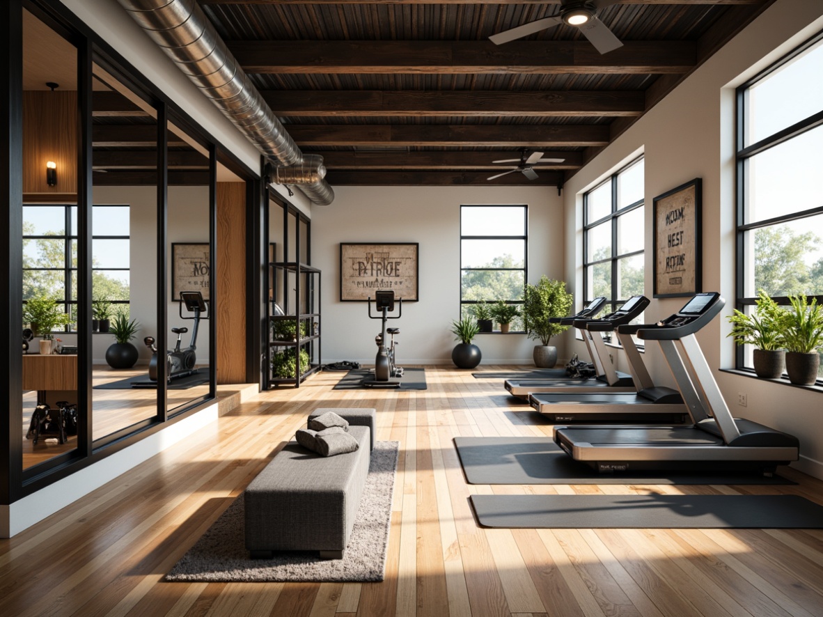 Prompt: Modern home gym, open layout, mirrored walls, polished hardwood floors, state-of-the-art exercise equipment, free weights, treadmills, stationary bikes, elliptical machines, yoga mats, resistance bands, motivational quotes, natural light pouring in, large windows, sliding glass doors, minimalist decor, industrial chic style, metal beams, exposed ductwork, reclaimed wood accents, functional shelving, organized storage, calming color scheme, soft warm lighting, shallow depth of field, 3/4 composition, realistic textures, ambient occlusion.