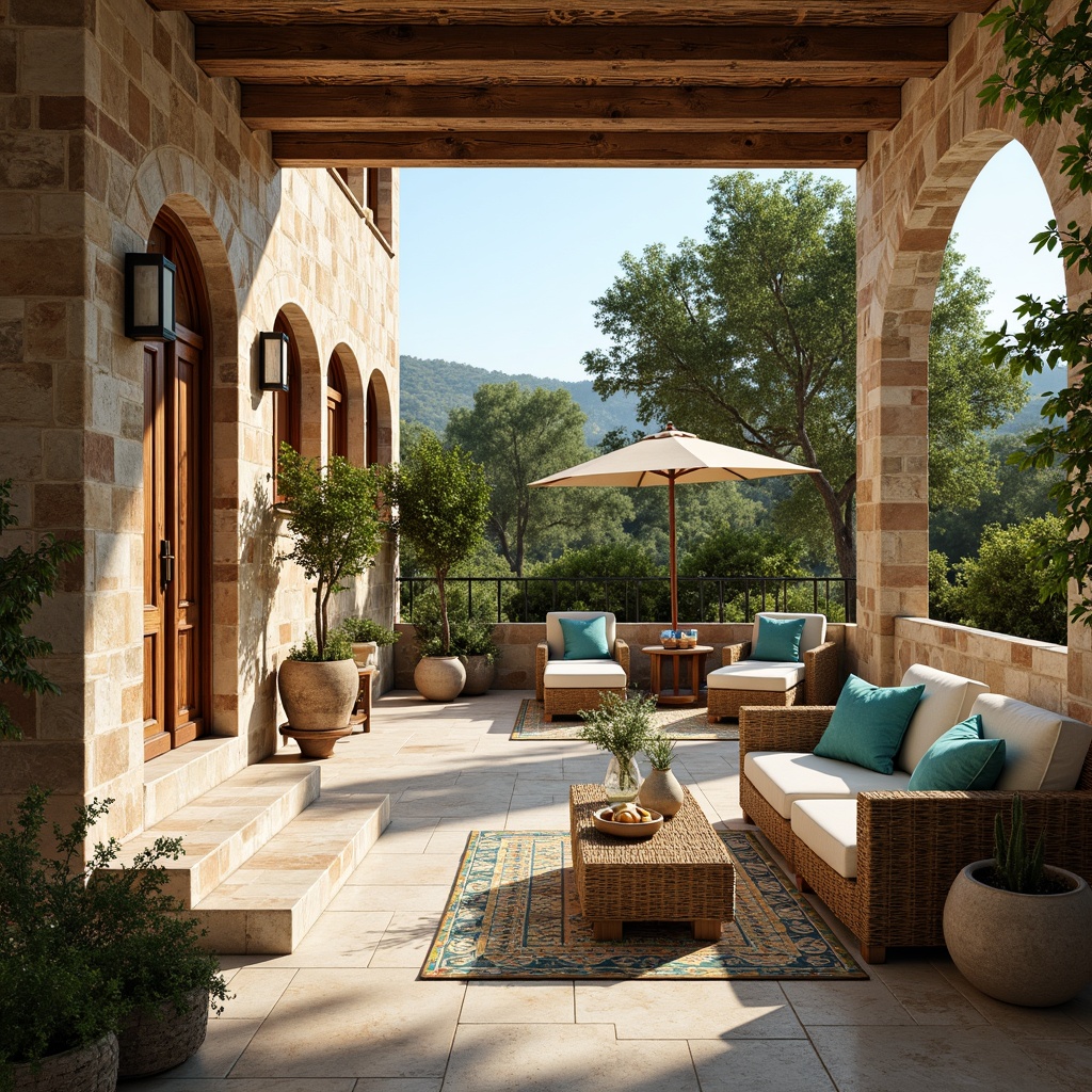 Prompt: Vibrant Mediterranean villas, rustic stone walls, turquoise accents, ornate ceramics, woven wicker furniture, natural linen fabrics, distressed wood textures, colorful Moroccan tiles, lush greenery, citrus trees, olive groves, warm sunny day, soft golden lighting, shallow depth of field, 3/4 composition, realistic textures, ambient occlusion.