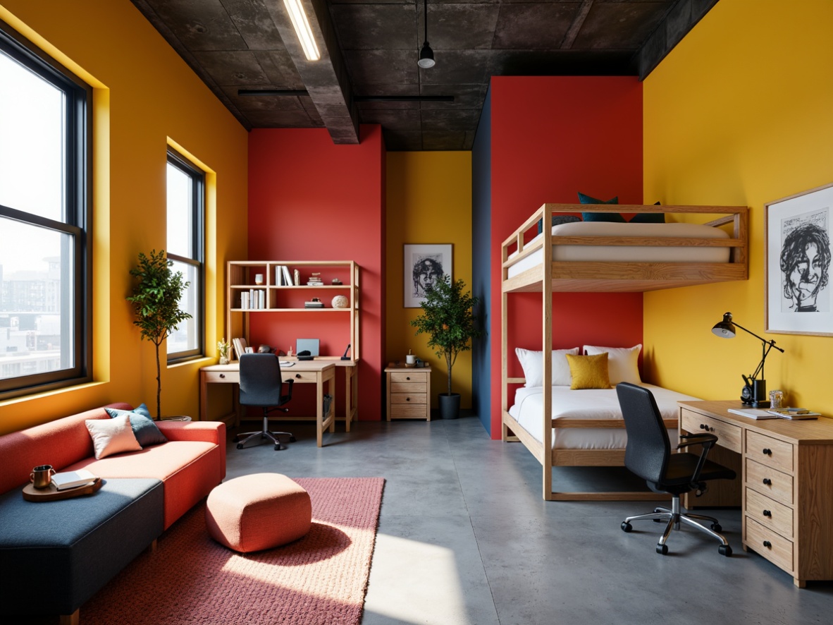 Prompt: Vibrant dorm rooms, bold color blocks, geometric shapes, industrial materials, minimalist decor, functional furniture, primary colors, stark contrasts, clean lines, rectangular forms, monochromatic accents, metallic tones, distressed wood textures, urban loft atmosphere, overhead lighting, 1/1 composition, high-contrast rendering, stylized shadows.