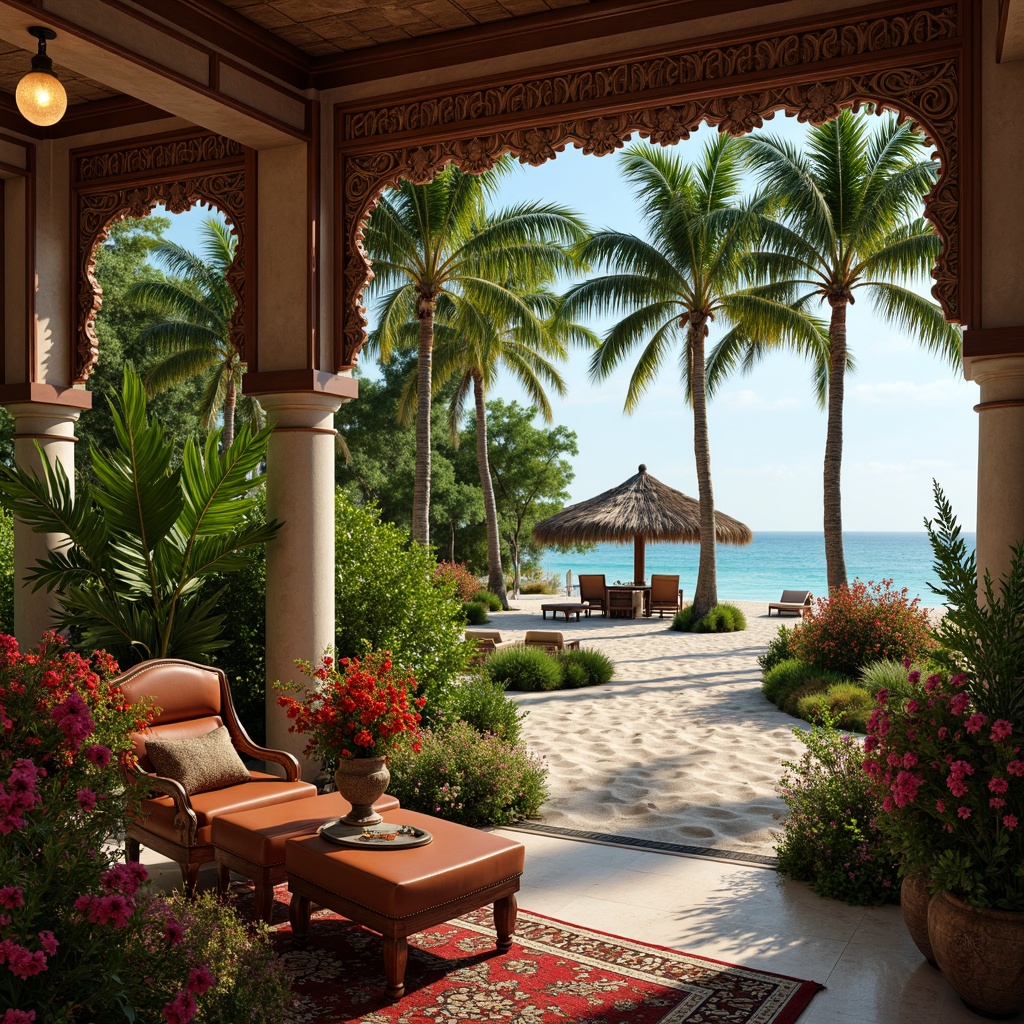 Prompt: Lush tropical foliage, exotic palm trees, vibrant floral arrangements, warm sandy beaches, turquoise ocean views, elegant colonial architecture, intricately carved wooden accents, ornate metalwork details, lavish velvet fabrics, jewel-toned ceramics, soft warm lighting, 1/1 composition, shallow depth of field, panoramic view, realistic textures, ambient occlusion.