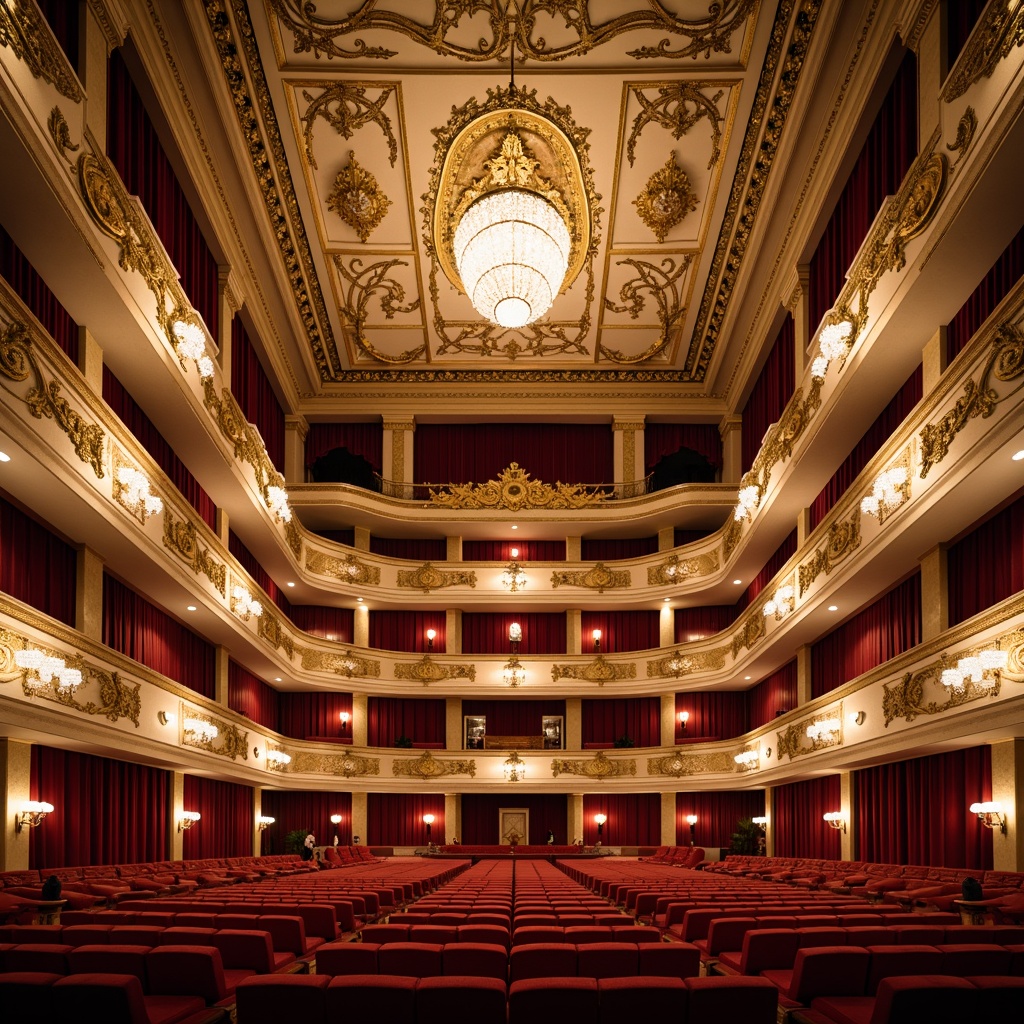 Prompt: Elegant opera house, grand auditorium, rich velvet drapes, ornate golden balconies, majestic chandeliers, intricate marble patterns, sophisticated crimson red accents, lavish cream-colored walls, subtle warm beige tones, dramatic spotlights, soft warm glow, 3/4 composition, shallow depth of field, realistic textures, ambient occlusion.