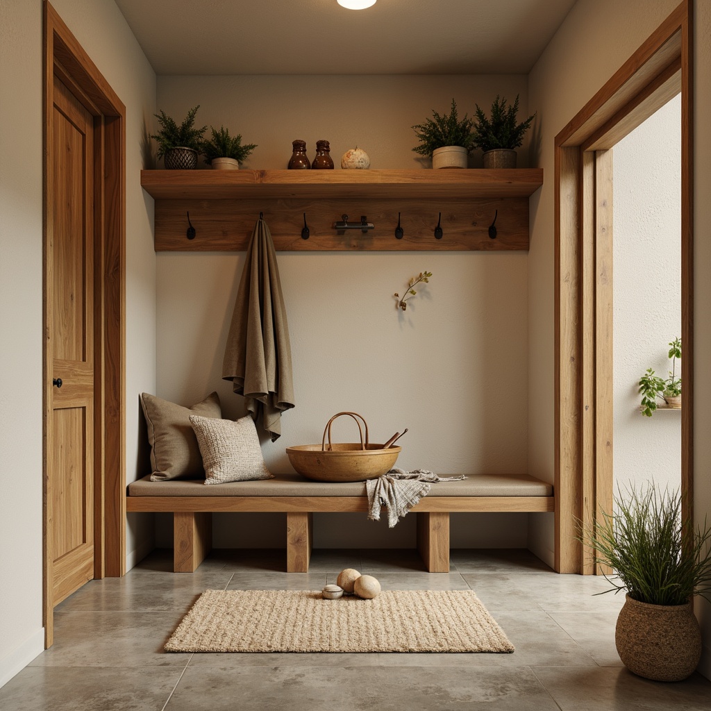 Prompt: Cozy mudroom, warm beige walls, natural wood accents, built-in bench seating, rustic metal hooks, water-resistant flooring, porcelain tiles, textured concrete surfaces, earthy tone color palette, soft overhead lighting, 1/1 composition, realistic reflections, ambient occlusion.