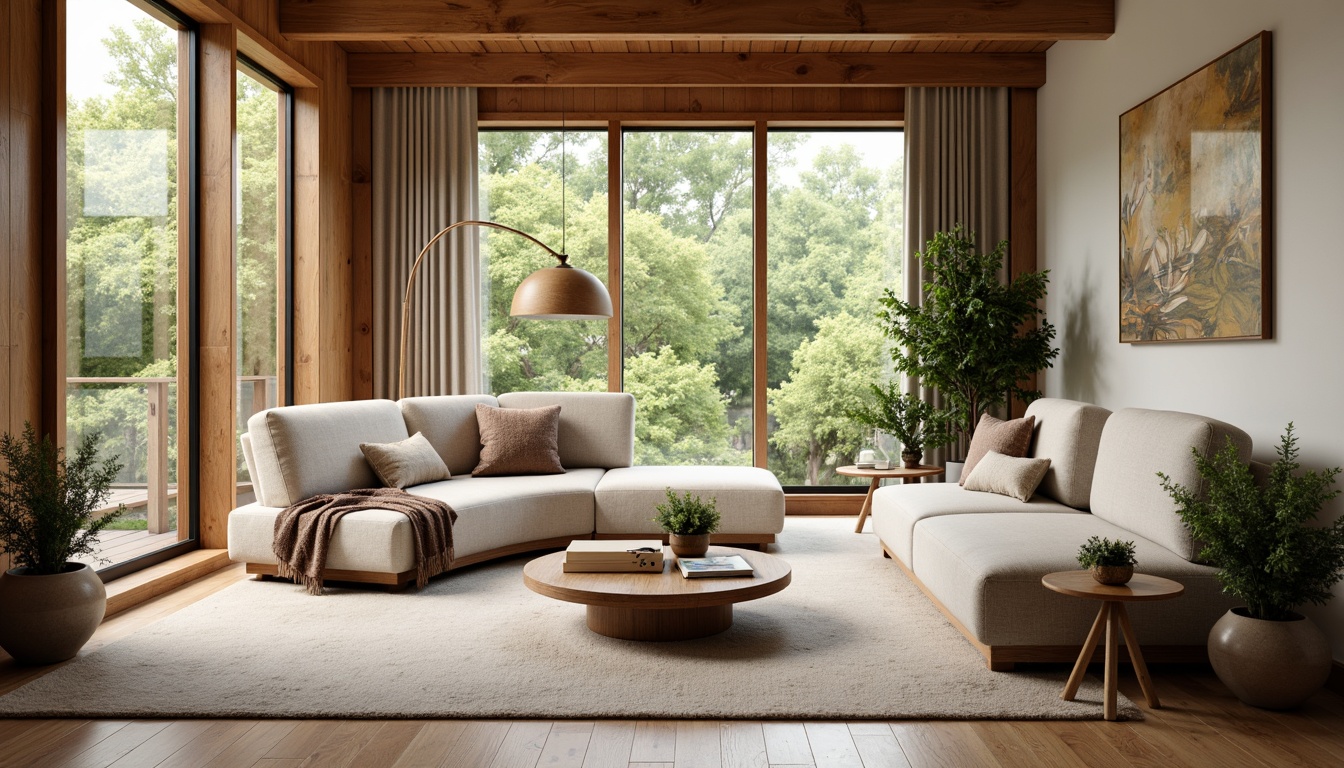 Prompt: Cozy living room, natural wood accents, earthy color palette, plush area rugs, comfortable sofas, minimalist decor, large windows, abundant natural light, soft warm ambiance, 1/1 composition, shallow depth of field, realistic textures, ambient occlusion, blooming indoor plants, elegant vases, subtle aromas, calming atmosphere.