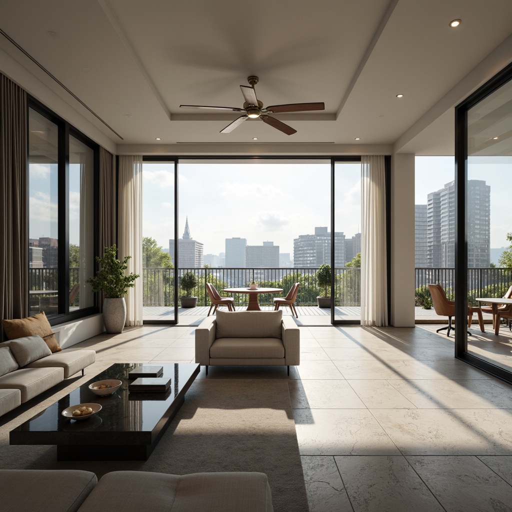 Prompt: Spacious great room, modern minimalist style, high ceilings, large windows, sliding glass doors, natural stone floors, sleek low-profile furniture, monochromatic color scheme, ambient soft lighting, floor-to-ceiling curtains, urban city views, morning sunlight, shallow depth of field, 1/2 composition, wide-angle lens, realistic textures, subtle shadows.