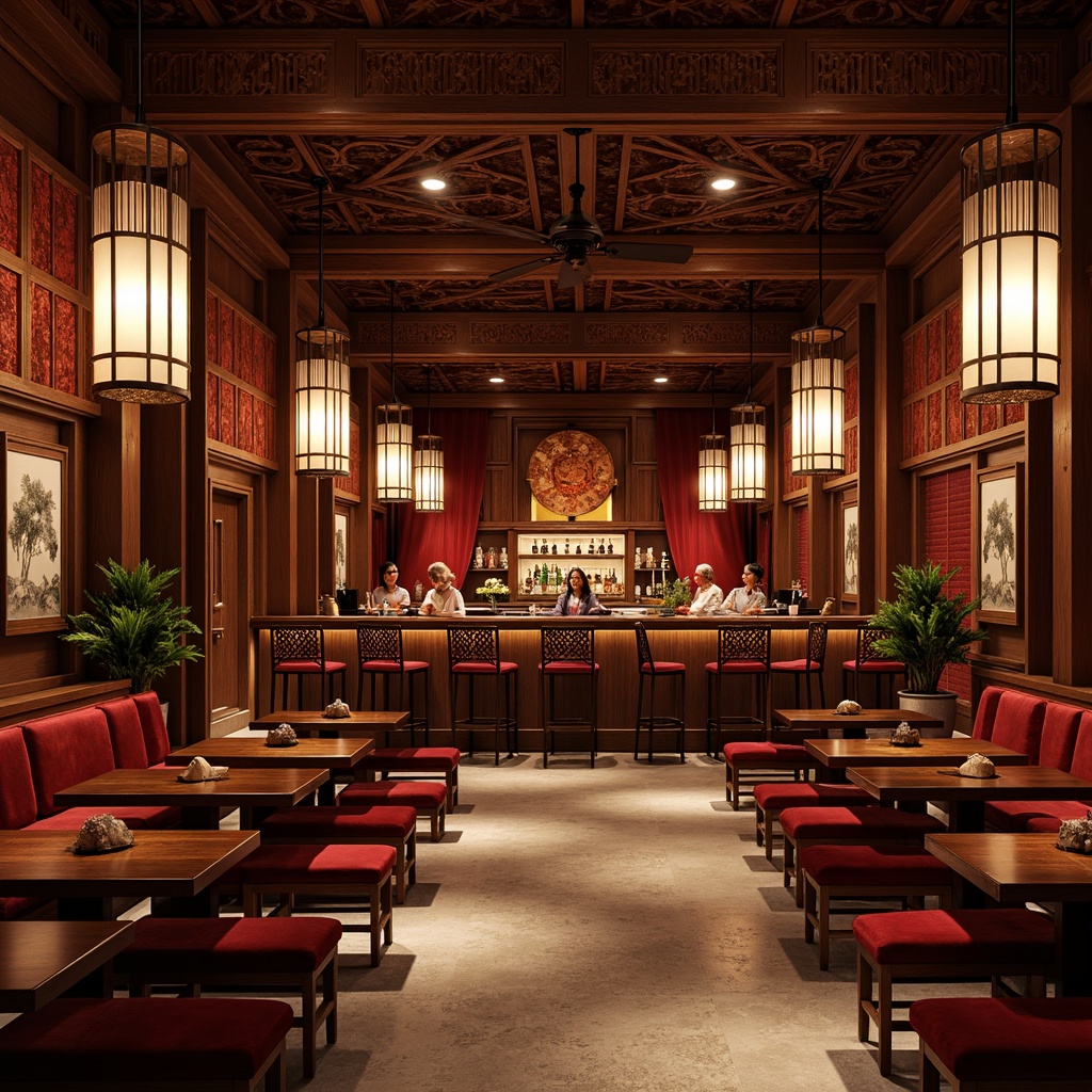 Prompt: Asian-inspired bar interior, rich wood tones, ornate carvings, lantern-style lighting, vibrant red accents, intricate patterns, luxurious velvet fabrics, low-seating areas, minimalist decor, natural stone flooring, subtle aromas, warm ambient glow, intimate atmosphere, 1/1 composition, shallow depth of field, realistic textures, soft box lighting.