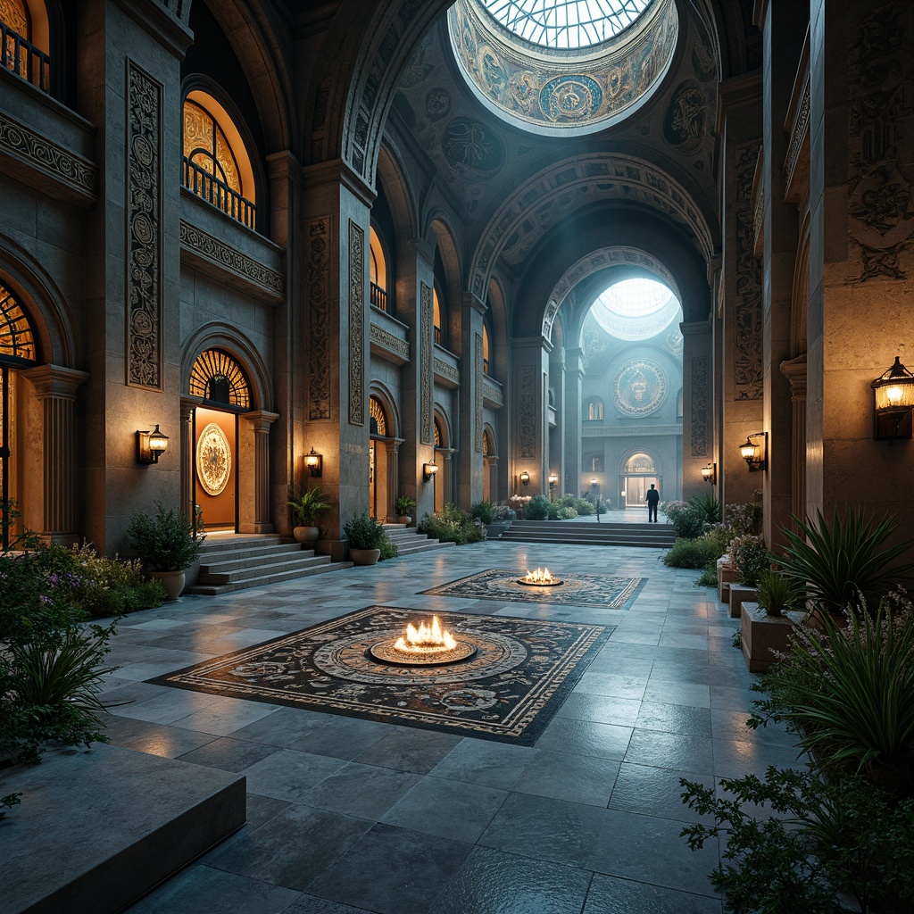 Prompt: Intricate monastery architecture, futuristic twist, ancient stone walls, metallic accents, glowing luminescent tiles, geometric patterns, sacred symbols, ornate murals, vaulted ceilings, grand archways, mystical ambiance, soft ethereal lighting, misty atmospheric effects, 1/1 composition, low-angle shot, cinematic depth of field, realistic tile textures, subtle animations.