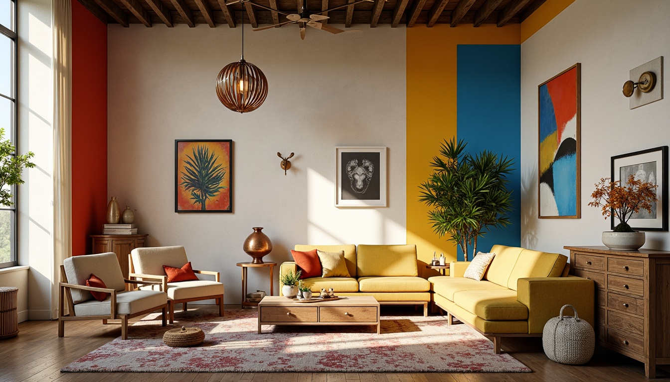 Prompt: Vibrant modern interior, bold accent walls, pastel furniture, metallic decor, soft natural lighting, 3/4 composition, warm atmospheric mood, rich textures, eclectic patterns, bohemian chic style, reclaimed wood accents, industrial metal tones, creamy whites, deep blues, earthy reds, sunny yellows.