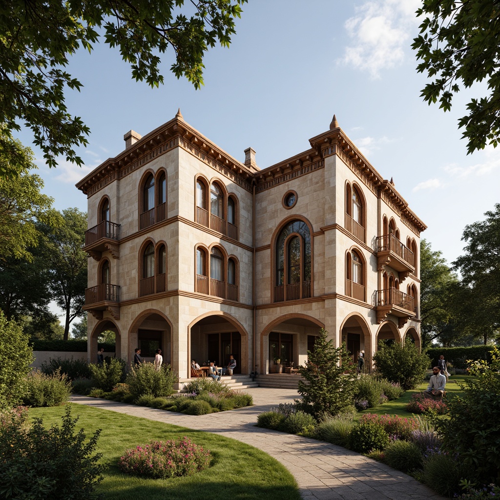 Prompt: Ornate Renaissance-style mansion, intricately carved wooden windows, stained glass panels, arched shapes, grandiose facades, rustic stone walls, terracotta roofs, lush greenery, blooming flowers, sunny day, soft warm lighting, shallow depth of field, 3/4 composition, panoramic view, realistic textures, ambient occlusion.