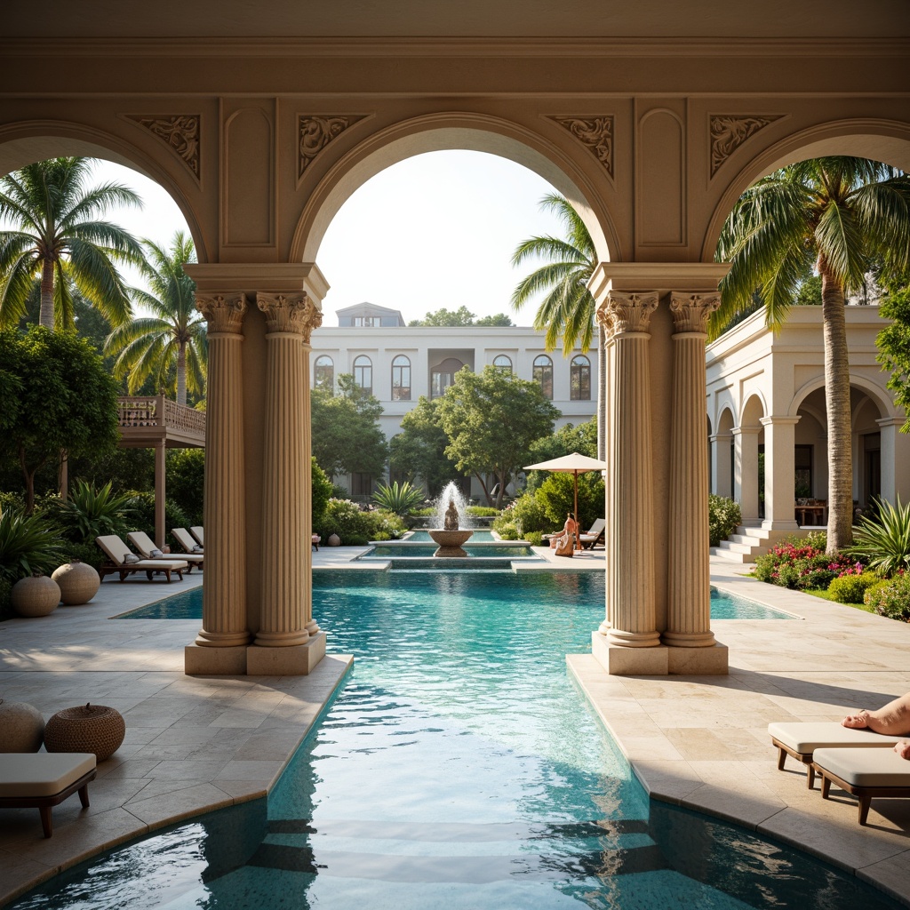 Prompt: Elegant swimming pool, ornate neoclassical architecture, marble flooring, columns with ionic capitals, symmetrical fountain, crystal clear water, gentle ripples, lush greenery, palm trees, vibrant flowers, subtle lighting, warm golden hues, shallow depth of field, 1/2 composition, soft focus, realistic textures, ambient occlusion, serene atmosphere, tranquil ambiance.