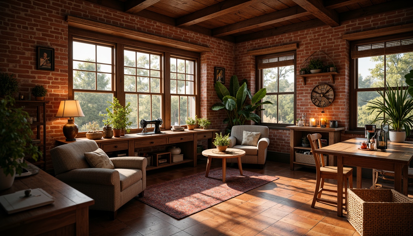 Prompt: Cozy craft room, warm copper accents, rich red hues, rustic wooden tables, woven baskets, vintage sewing machines, soft candlelight, earthy terracotta floors, distressed brick walls, comfy plush armchairs, lush greenery, natural textiles, woven rugs, eclectic decorative items, warm golden lighting, shallow depth of field, 1/1 composition, realistic textures, ambient occlusion.