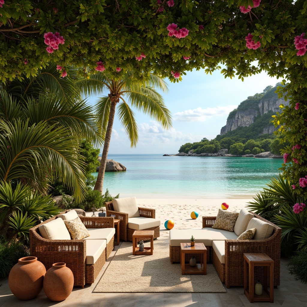 Prompt: Tropical paradise, lush greenery, exotic flowers, warm sandy beaches, crystal-clear waters, vibrant coral reefs, colorful beach balls, woven rattan furniture, natural textiles, earthy terracotta pots, wooden accents, elegant lanterns, soft golden lighting, shallow depth of field, 1/1 composition, intimate atmosphere, realistic textures, ambient occlusion.