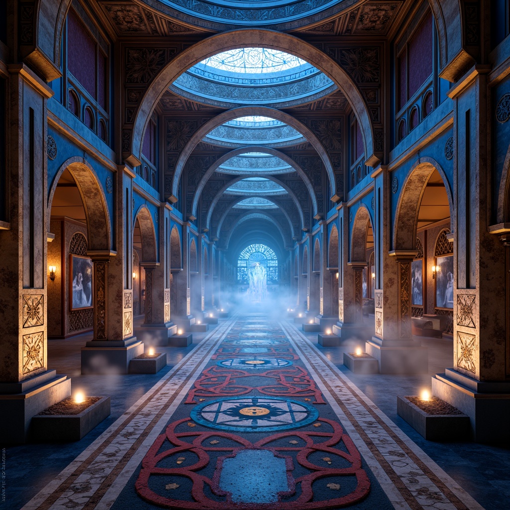 Prompt: Intricate monastery architecture, futuristic twist, sacred geometry patterns, iridescent tiles, holographic mosaics, cyberpunk accents, neon-lit corridors, ornate archways, mystical symbols, ancient artifacts, levitating walkways, ethereal ambiance, soft pulsing lights, atmospheric fog, 1/1 composition, symmetrical framing, high-contrast colors, realistic reflections, ambient occlusion.Please let me know if this meets your expectations!