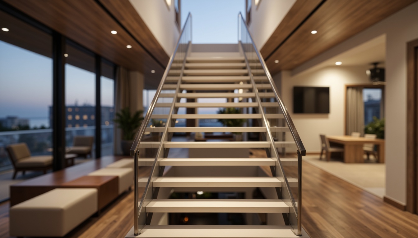 Prompt: Sleek handrails, minimalist design, stainless steel materials, polished chrome finishes, ergonomic grip profiles, subtle LED lighting, floating staircase structures, open-plan living spaces, luxurious residential interiors, high-end modern homes, sophisticated architectural details, dramatic vertical emphasis, 1-point perspective composition, warm ambient lighting, shallow depth of field.