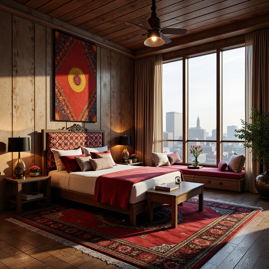 Prompt: Vibrant eclectic bedroom, rich velvet fabrics, plush Moroccan-inspired rugs, bold geometric patterns, distressed wood furniture, ornate metal accents, luxurious silk drapes, eclectic mix of vintage and modern decor, soft warm lighting, shallow depth of field, 3/4 composition, realistic textures, ambient occlusion, global illumination, cozy reading nook, floor-to-ceiling windows, cityscape views, bohemian chic aesthetic.