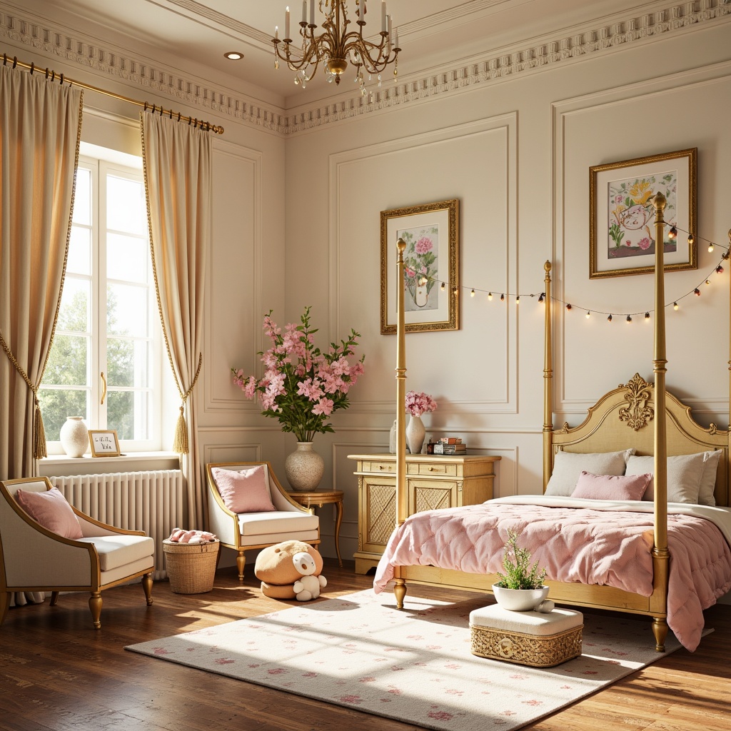 Prompt: Whimsical kids' room, soft cream walls, ornate golden frames, delicate floral patterns, plush velvet fabrics, pastel-colored furniture, crystal chandeliers, warm candlelight, shimmering string lights, delicate porcelain vases, intricate carvings, luxurious drapes, majestic four-poster beds, playful cartoon characters, bright sunny day, gentle warm lighting, shallow depth of field, 1/1 composition, realistic textures, ambient occlusion.