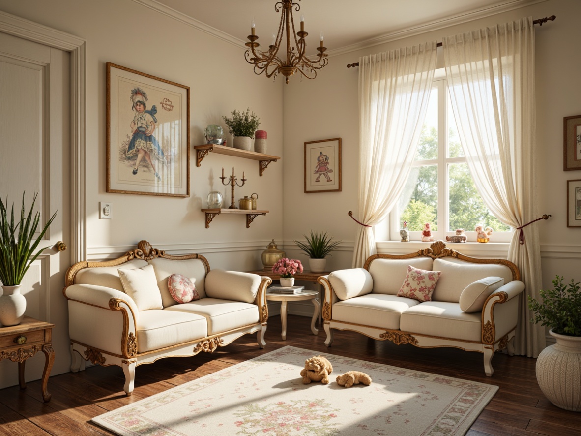 Prompt: Whimsical kid's room, ornate Rococo furniture, soft cream colors, delicate gold accents, luxurious velvet fabrics, playful toy arrangements, cheerful childhood memorabilia, warm candlelight, crystal chandelier, delicate lace curtains, vintage nursery rhyme illustrations, distressed wood flooring, antique furniture pieces, gentle afternoon sunlight, subtle ambient Occlusion, 1/1 composition, realistic textures, cozy atmosphere.